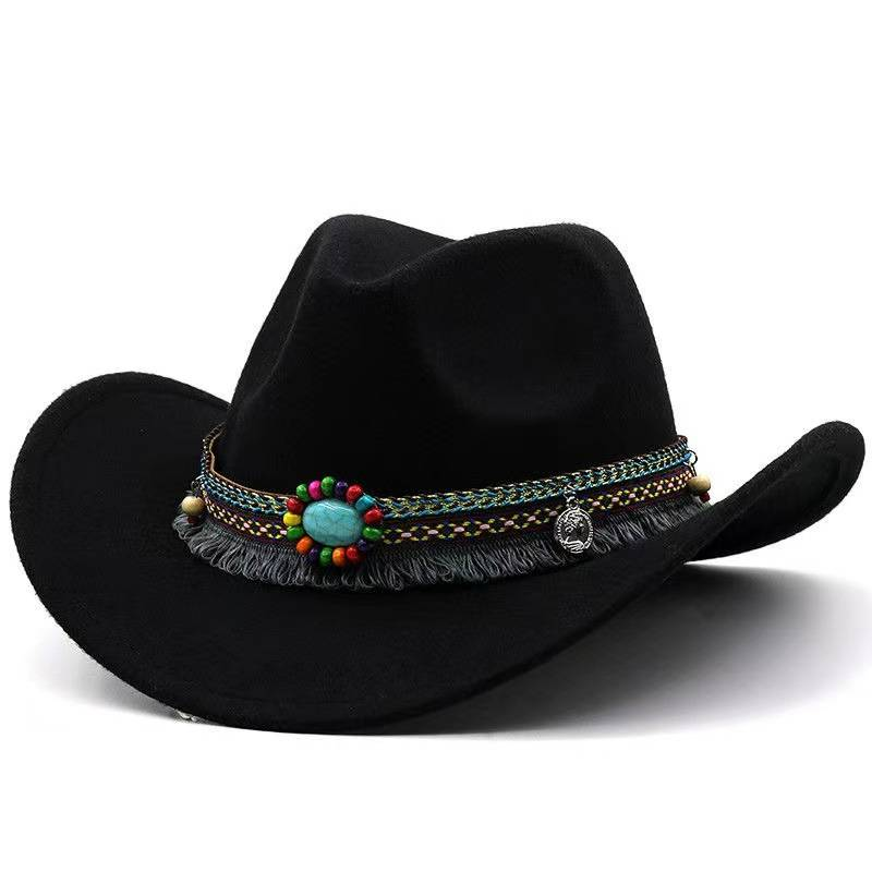 Cappello semplice a tesa rovesciata, cappello jazz in lana, cappello a cilindro stile inglese, cintura stile etnico, cappello da cowboy Western tinta unita_voghion.com