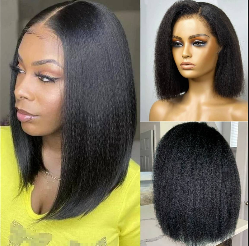 Yaki Bob perruque perruques de cheveux humains pour les femmes noires crépus droite 13x4 dentelle frontale perruque 13x5x2 partie dentelle perruque pré plumée doux Yaki perruque_voghion.com