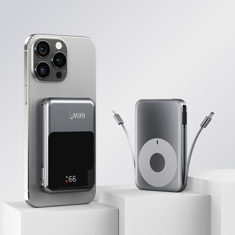 Powerbank med dubbel tråd, magnetisk trådlös laddning, snabbladdning, powerbank med stor kapacitet, 100 000 mAh med inbyggd kabel, powerbank_voghion.com