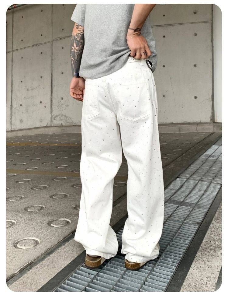 American Trendy Brand Street Jeans For Spring And Summer, With A Simple Youth College Style And Beaded And Diamond Ironed Jeans_voghion.com