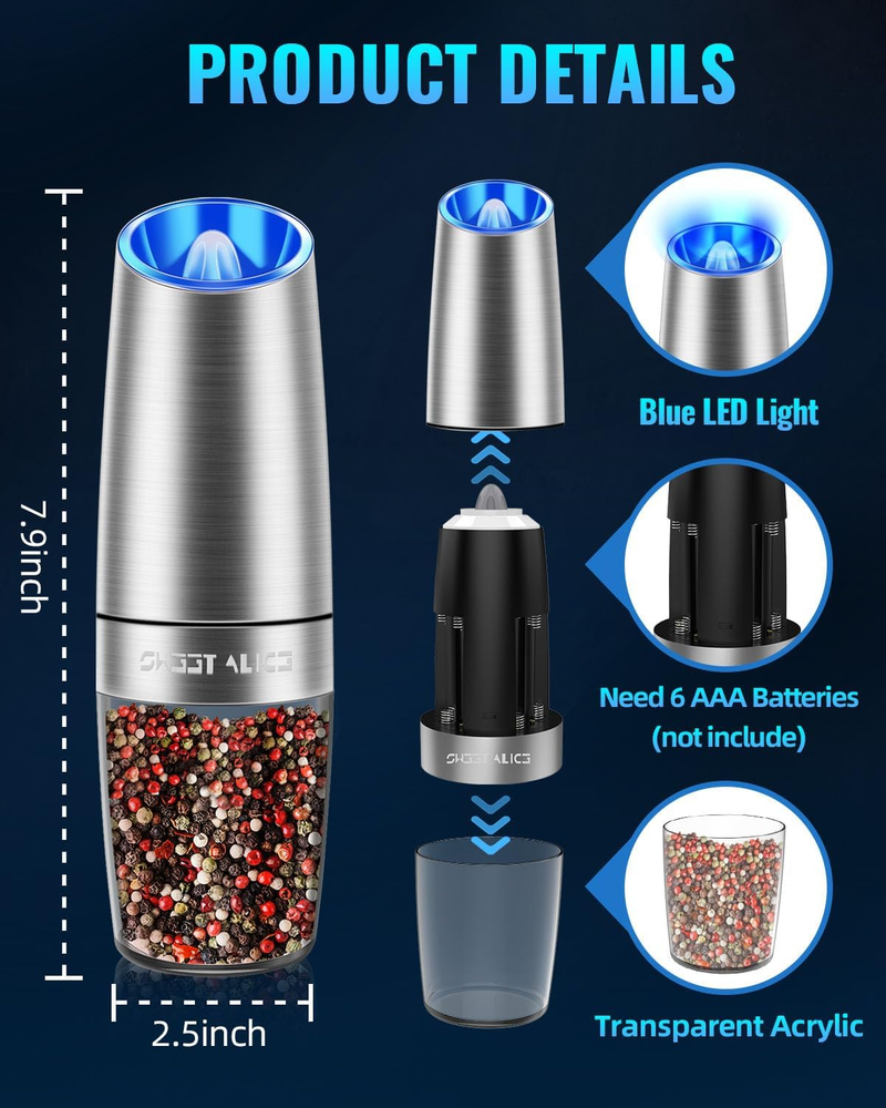 Sada elektrických mlýnků na pepř/sůl Gravity, nastavitelná hrubost mletí, napájení z baterie s LED světlem, automatické ovládání jednou rukou_voghion.com
