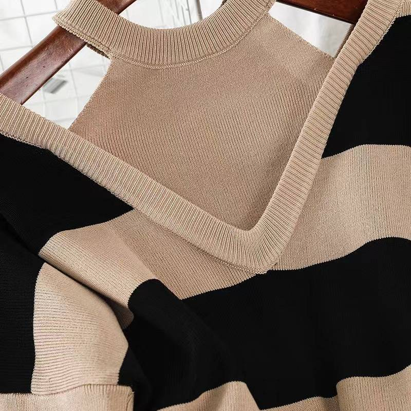 Women's Halter Neck Knit Top & High Waisted Wide Leg Pants Set – Elegant Two Piece Outfit For Spring Autumn (Black/Khaki, One Size)_voghion.com