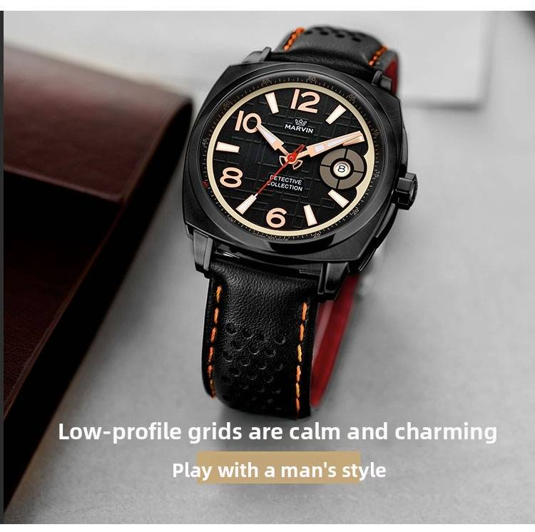 Montre de luxe Marvin pour homme, montre suisse en acier inoxydable avec affichage de la date en cristal de saphir, aiguilles et repères lumineux, mouvement à quartz, étanche jusqu'à_voghion.com