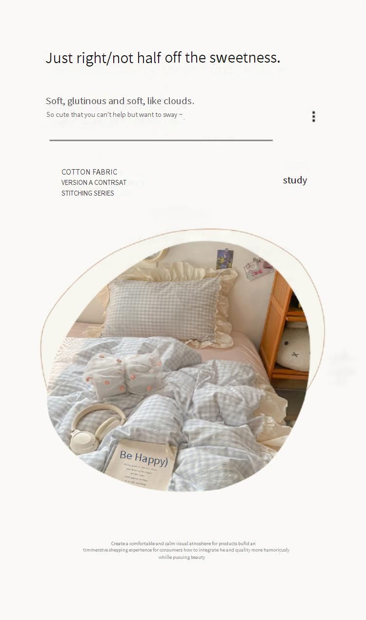 Set di biancheria da letto in stile principessa, morbido e traspirante, in cotone lavato con bordi in pizzo - Elegante design a scacchi con bordi arricciati_voghion.com