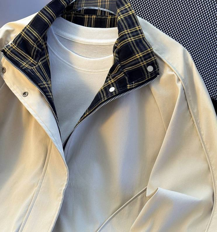 Plaid Patchwork Baseball Jacket – Men's Oversized Shoulder-Padded Jacket With Stand Collar_voghion.com