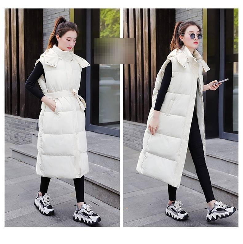 Gilet long à capuche et ceinture pour femme, veste matelassée légère, coupe ample et décontractée pour l'hiver, noir/blanc/kaki_voghion.com