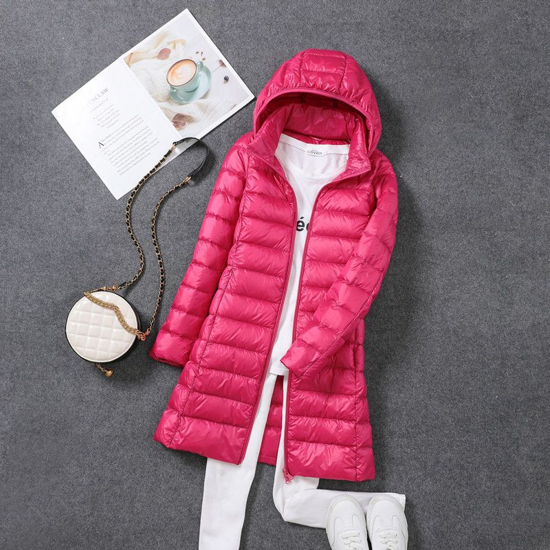 Women's Lightweight Down Jacket - Detachable Hood Mid-Length Coat With White Duck Feather, Slim Fit & Stylish For Everyday Wear_voghion.com