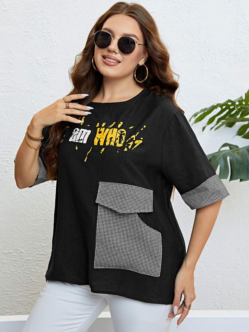 Ženski črn karo top z žepi, ohlapne barve_voghion.com