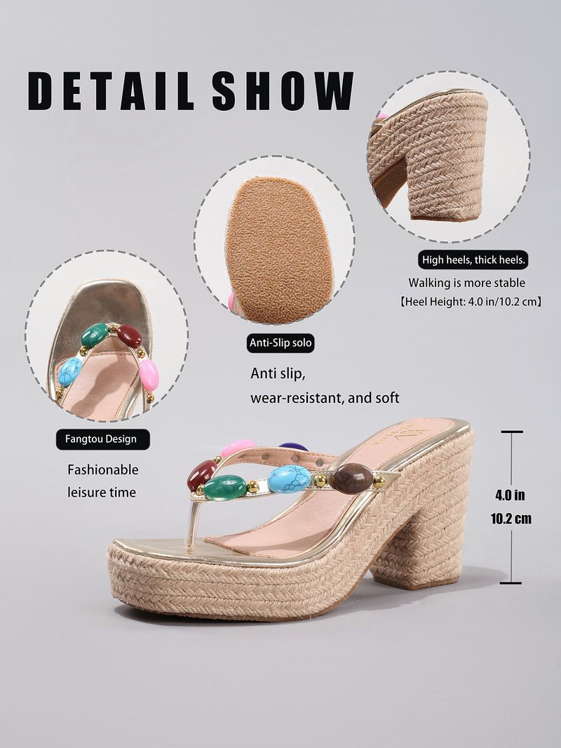 Women's Shoes Rope Wedge Sandals Colorful Beaded Flip Flops Summer Leisure Vacation High Heels_voghion.com