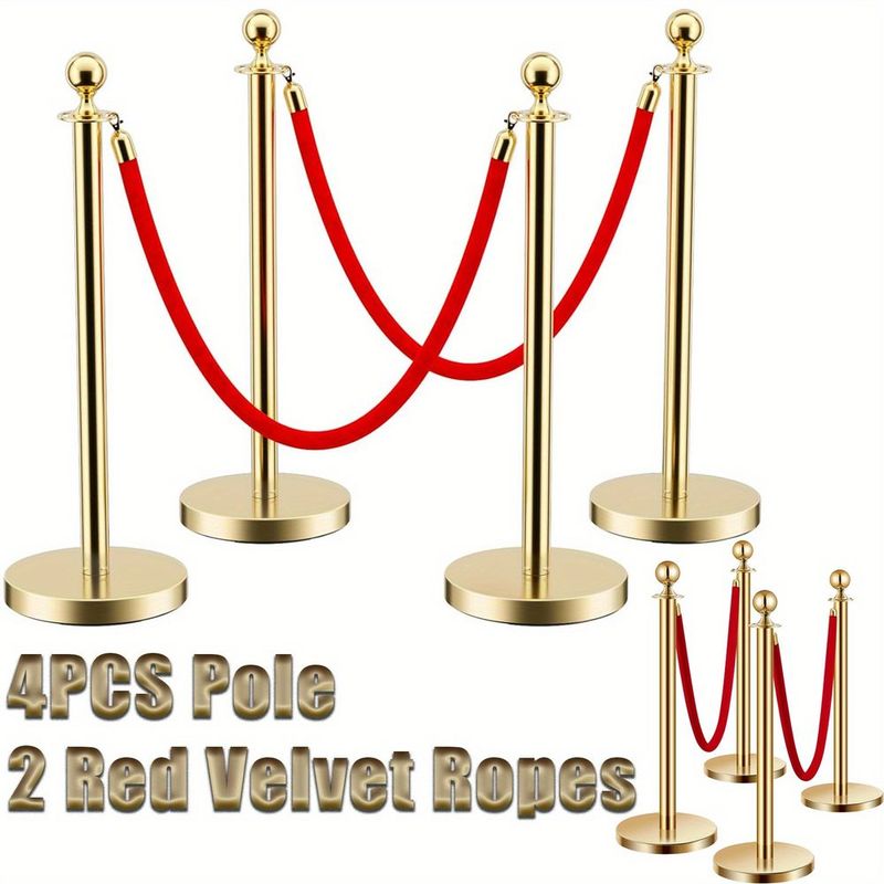 4PCS Premium Stainless Steel Stanchion Posts With 2 Red Velvet Ropes - Adjustable Crowd Control Barriers With Weighted Bases For Events, Weddings, Museums, Theaters & VIP Areas_voghion.com