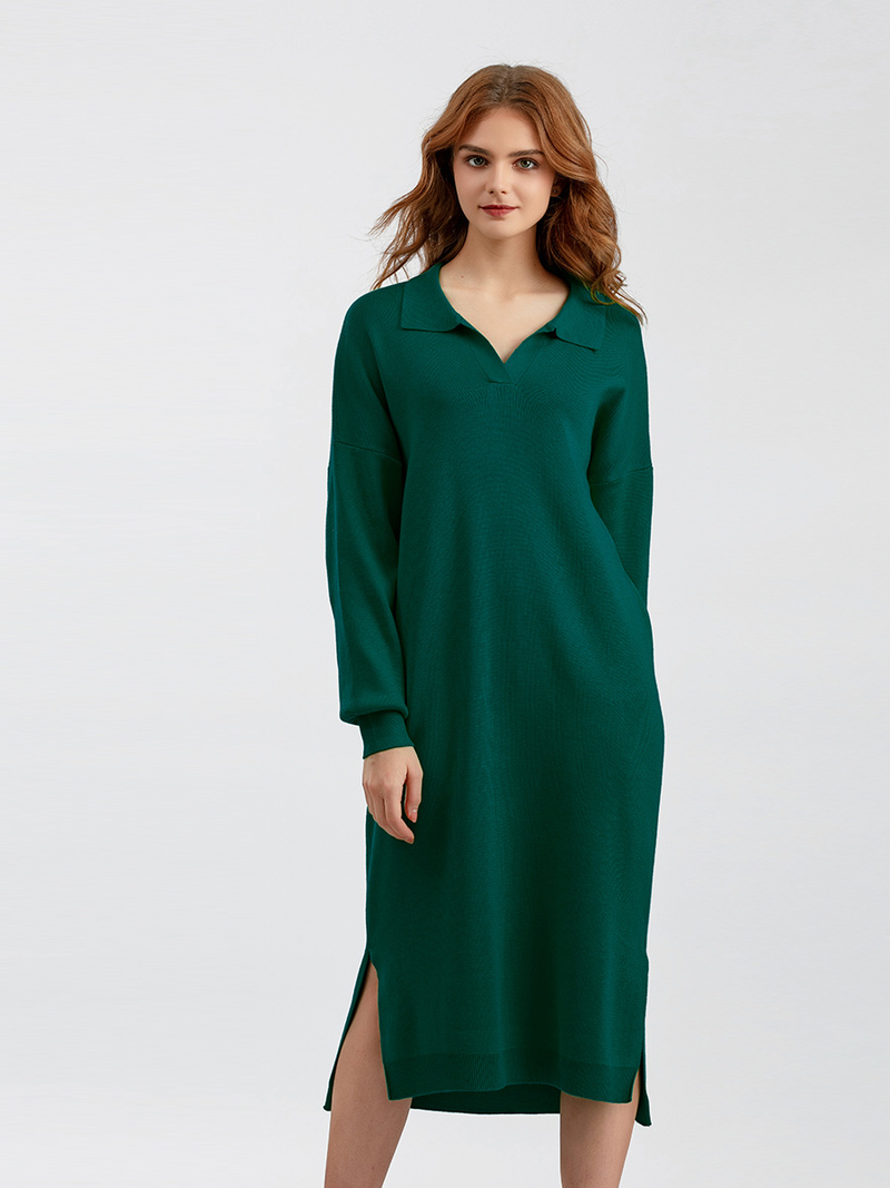 Women's Clothing autumn and winter new Polo collar bottoming knitted dress loose large size solid color ladies dress_voghion.com