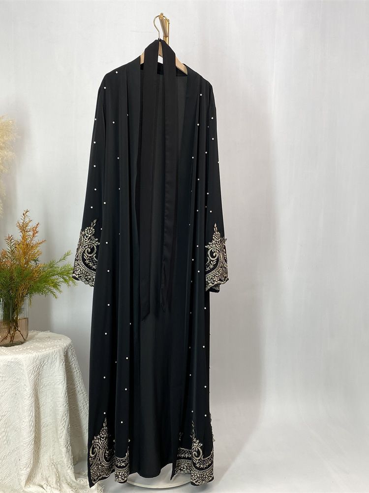 Vestiti da donna Abaya aperti in pizzo con perle, design alla moda musulmana, kimono lungo, kaftano, abiti islamici di Dubai per le donne_voghion.com