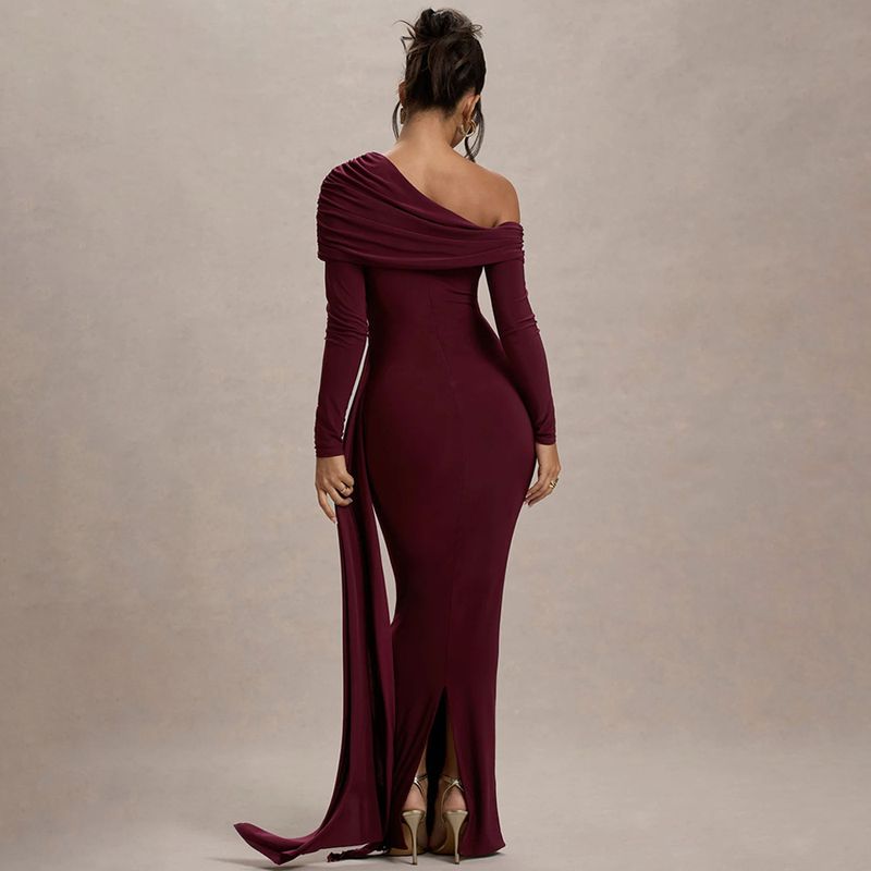 Elegante abito aderente a maniche lunghe con spalle scoperte, volant e vita alta – Abito da sera slim fit alla moda per donna_voghion.com