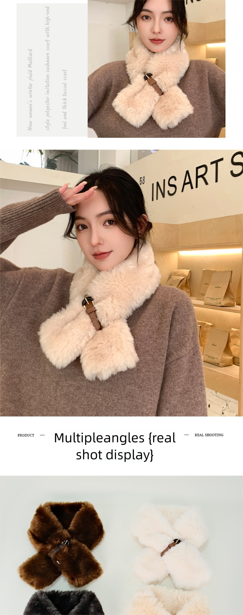 Ins Korean Scarf For Women Winter New Sweet Cool Style Leather Buckle Light Luxury High-end Cross Fluffy Collar Neck_voghion.com