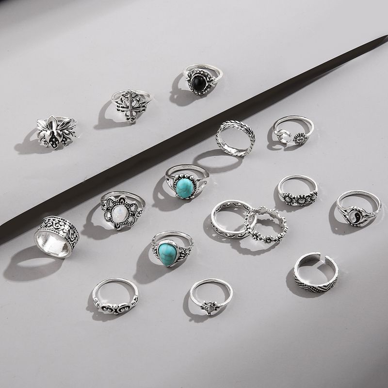 Hot Selling Turquoise Gesneden Zwarte Ring, Gepersonaliseerde Schildpadbloemcombinatie, 16-delige Set Voor Vrouwen_voghion.com