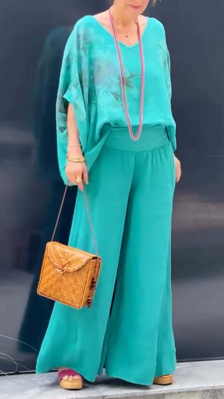 Abbigliamento da donna, top e pantaloni stampati in cotone e lino con scollo a V, abiti casual da donna più venduti_voghion.com
