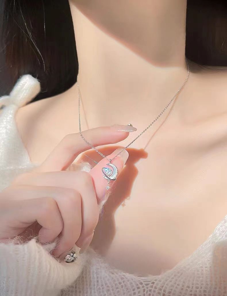 S Silver Dream Star Moon Necklace Women, Ins Style, High-end New Luxury Resin Craft, Elegant Collarbone Chain, Gift For_voghion.com