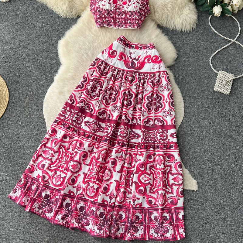 Abbigliamento da donna, estivo, blu e bianco, con stampa in porcellana, completo tridimensionale con cuscinetti per il seno, top corto a tubino, bretelle, gonna plissettata, set da due pezzi_voghion.com