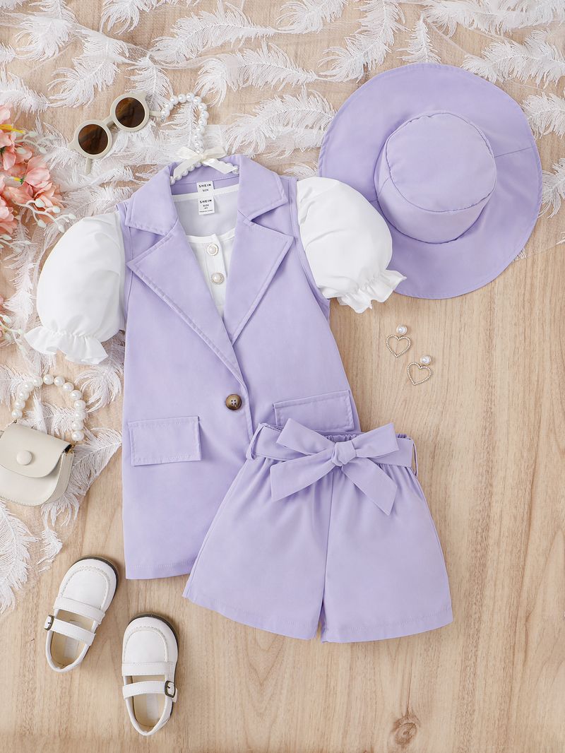 2024-es nyári buborékos ujjú felső + egyszínű rövidnadrág + ujjatlan kabát + sapka lányka szett_voghion.com