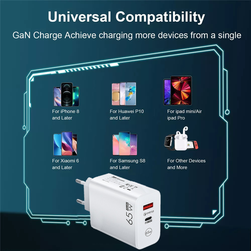 65W GaN USB-laturi pikalataus PD C-tyypin laturin virtasovitin sopii iPhone 14 13 Xiaomi Samsung pho_voghion.com