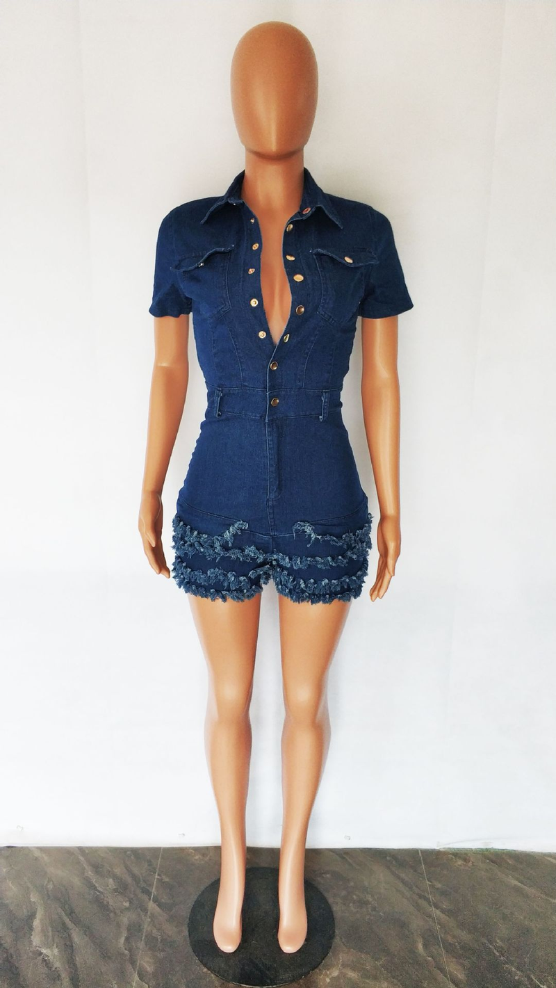 Women's fashion slim-fit denim romper with fringe and fur edge_voghion.com