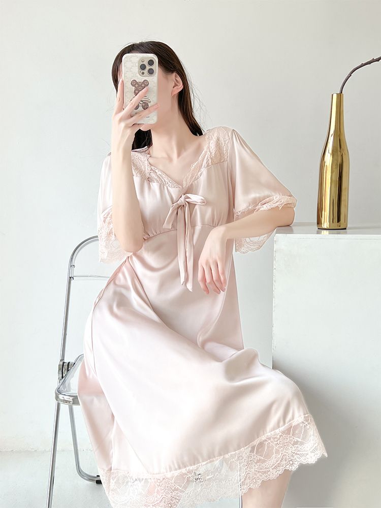 Eleganza frizzante! Abito da notte in seta ghiacciata a mezza manica con fiocco, imbottiture per il petto e tessuto sottile_voghion.com