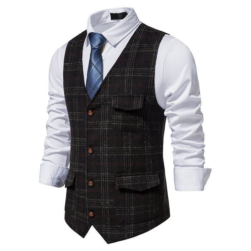 Roupas masculinas vintage terno colete estilo britânico tweed único breasted com decote em v colete xadrez_voghion.com