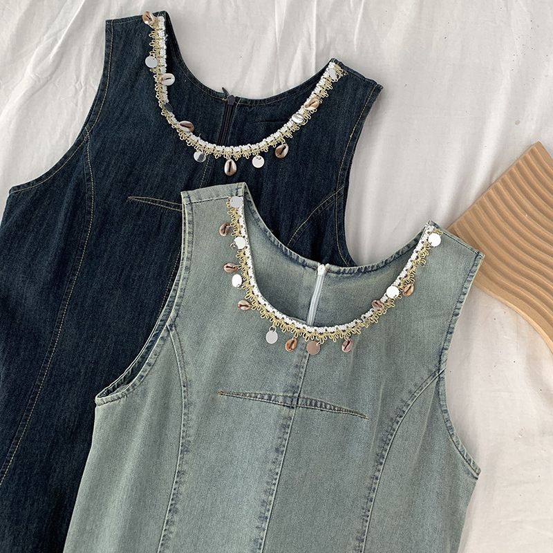 Abito in denim di media lunghezza con scollo rotondo, nappe, senza maniche, stile Omalei, estivo, da donna, 3086_voghion.com