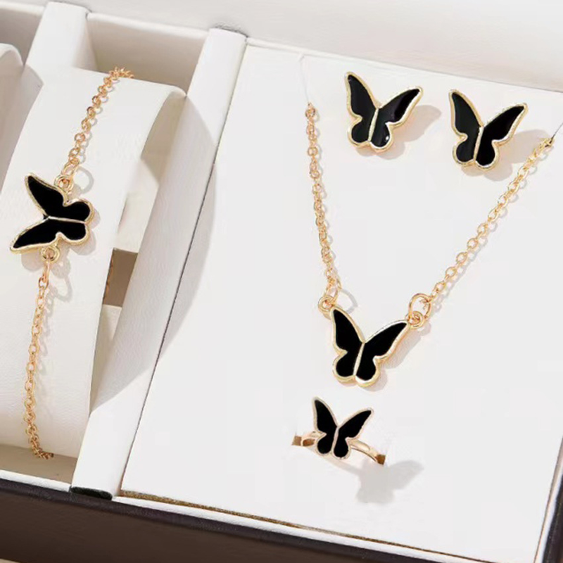 Mode Freizeit Stil Schmuck Legierung Schmetterling Vier Stück Set ohrringe halskette ring und armband_voghion.com