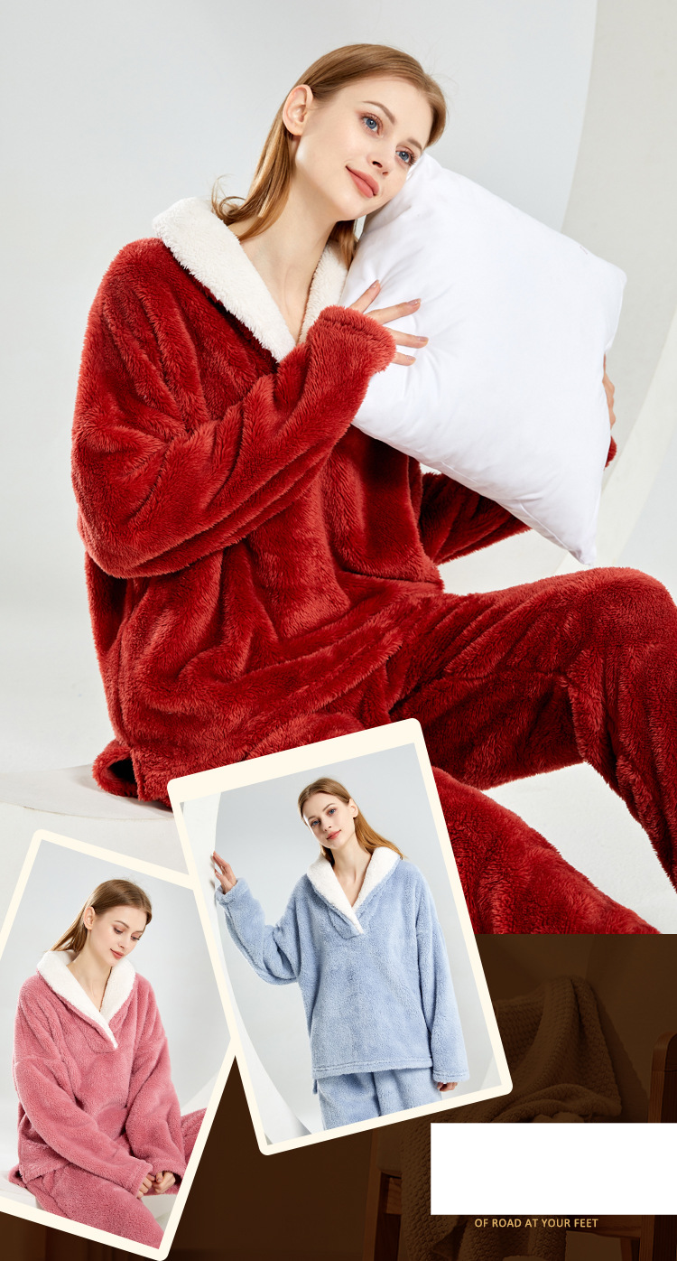 Women's Christmas Winter New Comfortable Cotton Velvet Pajamas Women Loose Large Size Christmas Home Clothes Set_voghion.com