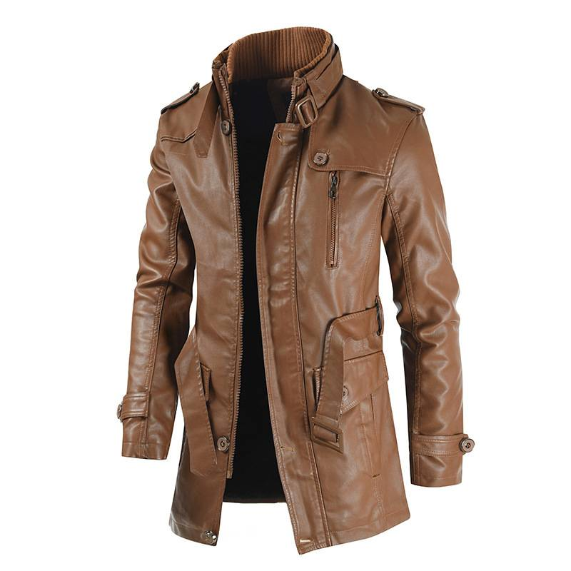 Herren Mittellange Lederjacke Jugend Stehkragen Plus Kaschmir PU Jacke Casual_voghion.com