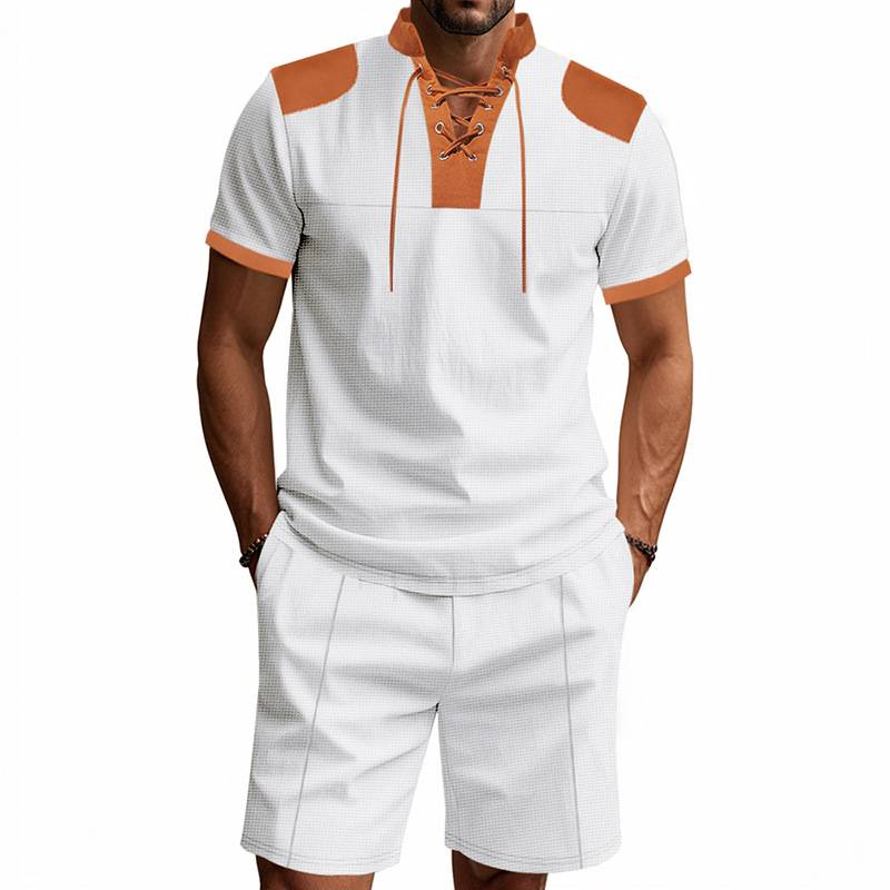 Waffle Herren Sommer Casual Tethered Henry Kurzarm Shorts Anzug_voghion.com