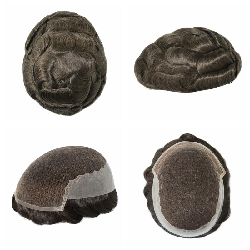 Q6 Toupee For Men 100% Human Hair Pieces I French Lace Front Poly Skin Bleached Hair Replacement System Men Wigs Light Brown Color #6_voghion.com