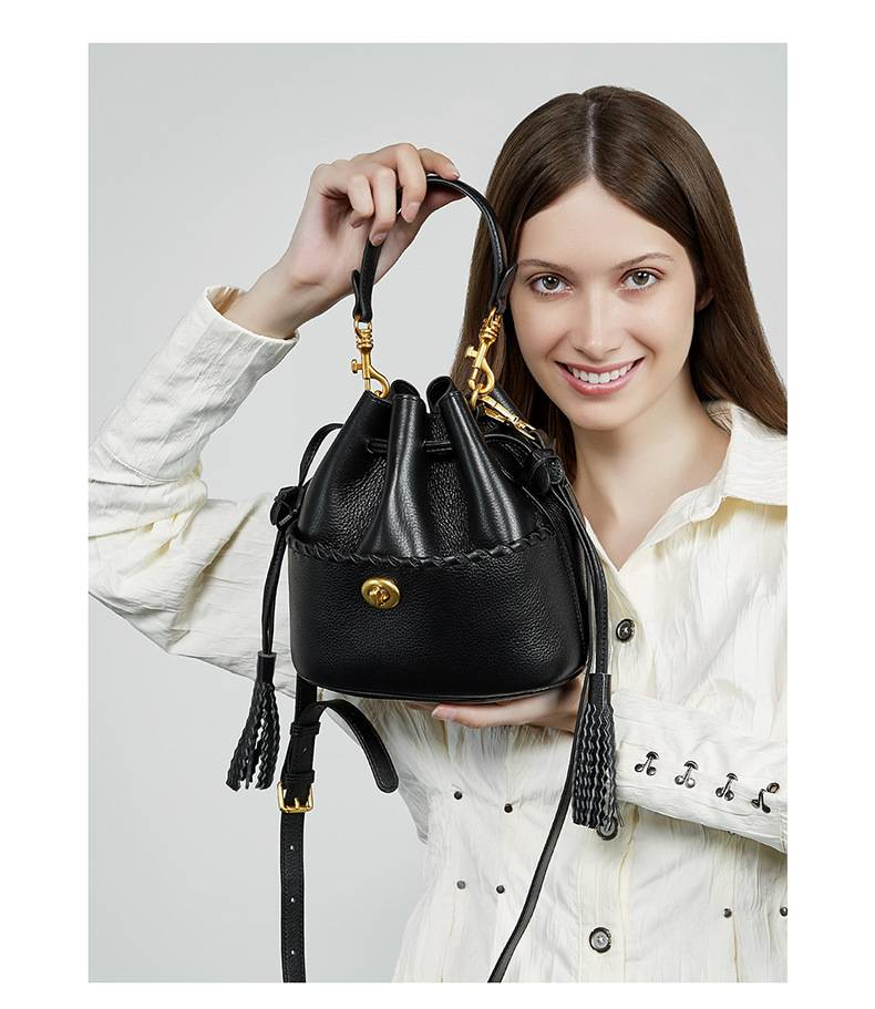 KOSE High-grade First-layer Cowhide Bucket Bag New Genuine Leather Women's Bag Tassel Niche Drawstring Shoulder Messenger Bag_voghion.com