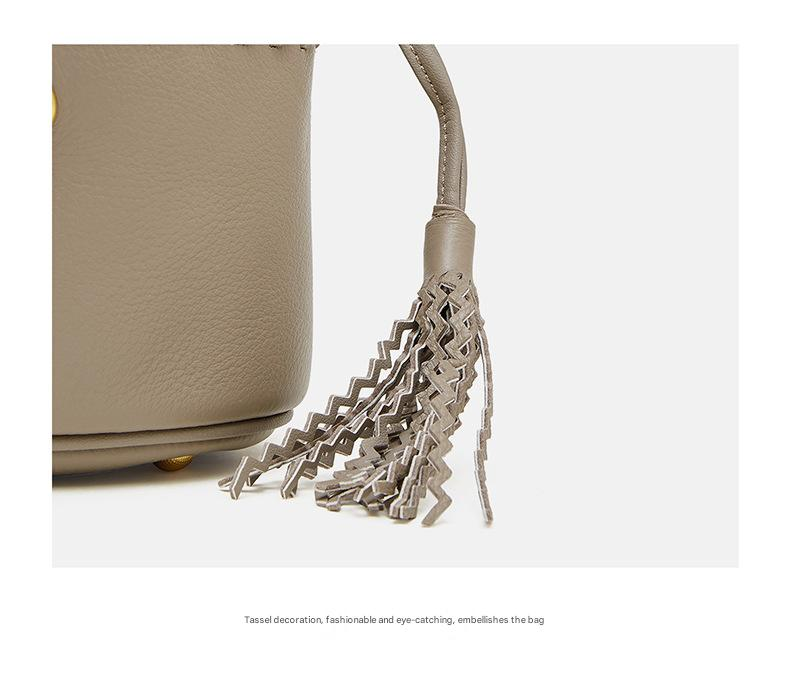 KOSE High-grade First-layer Cowhide Bucket Bag New Genuine Leather Women's Bag Tassel Niche Drawstring Shoulder Messenger Bag_voghion.com
