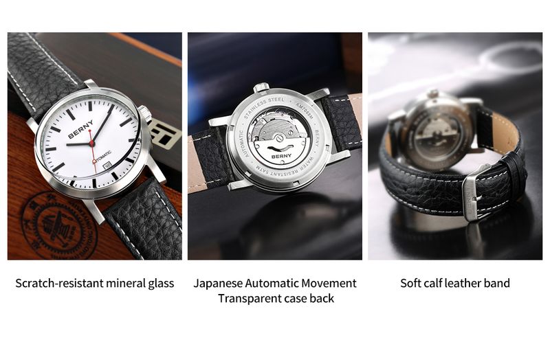 BERNY Automatic Watches For Men 5ATM Waterproof Analog Mechanical Leather Watch With Date Luminous Stainless Steel Minimalist Dress Men's Wrist Watch_voghion.com