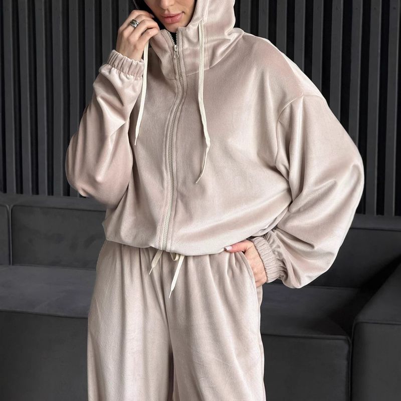 Urban Streetwear Hooded Sweatshirt & Jogger Pants Set For Women - Soft Fleece Two-Piece Outfit With Adjustable Waistband (Coffee, Gray, Beige) S-XXL_voghion.com