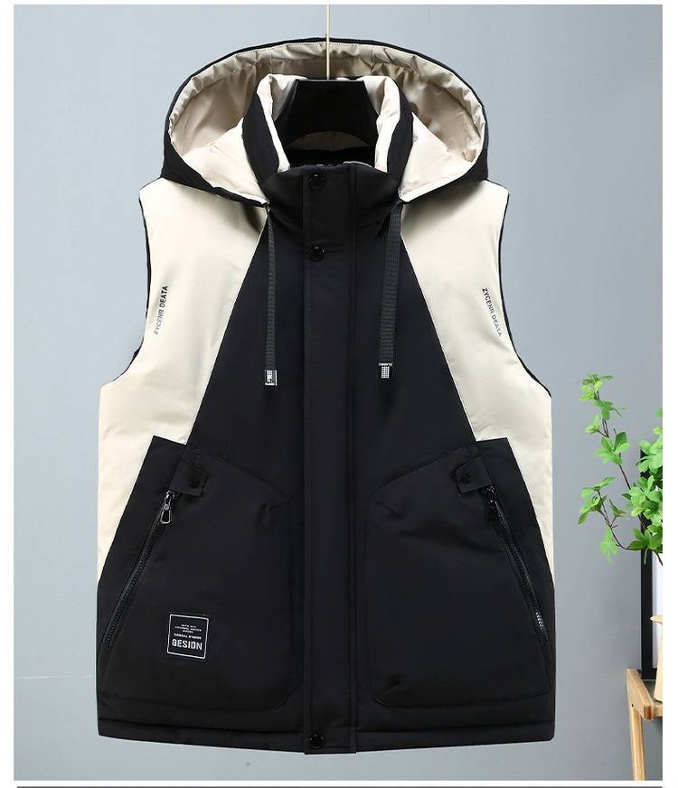 Herren-Steppweste in Übergröße mit Farbblock-Design, dicke ärmellose Winterjacke für die Freizeit (Schwarz, Militärgrün, Beige)_voghion.com