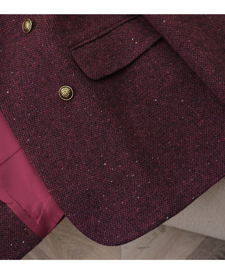 Blazer da donna in tweed misto lana per autunno inverno - Giacca da ufficio doppiopetto slim fit con revers a lancia (nero, marrone, rosso, grigio)_voghion.com