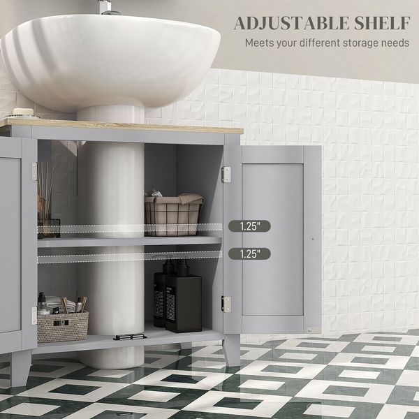 kleankin Bathroom Vanities, Pedestal Sink Cabinet With U-Shaped Cut-out And Adjustable Shelf, Gray_voghion.com