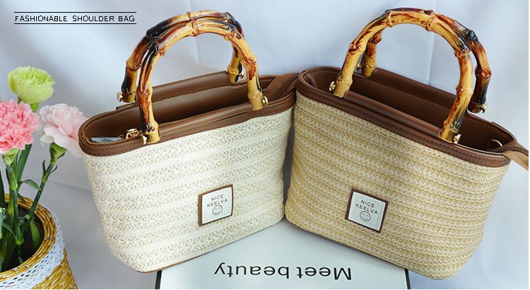 Borsa a mano retrò di fascia alta, borsa a secchiello in tessuto casual estivo da donna in paglia Borsa a tracolla singola alla moda e di nicchia_voghion.com