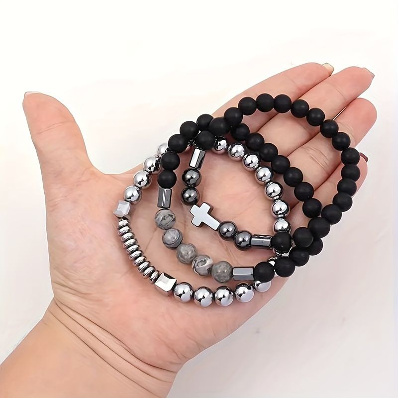 UFO Disc Cross Black Gallstone Beaded Map Stone Elastic Cord Bracelet_voghion.com
