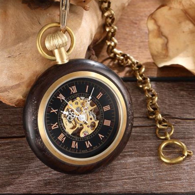 New Red Copper Roman Scale Wood Grain Straight Board Without Cover Manual Mechanical Pocket Watch_voghion.com