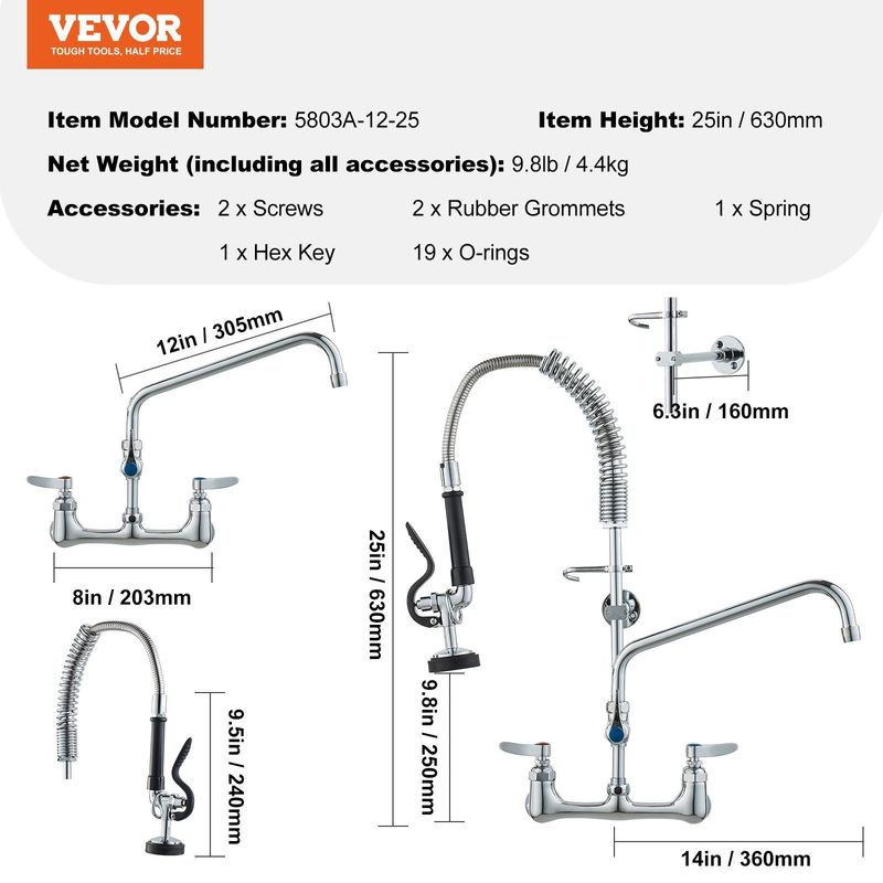 VEVOR Commercial Faucet With Pre-Rinse Sprayer, 25" Height, 8" Center, 12" Swing Spout, Wall Mount Kitchen Sink Faucet, Brass Constructed Device With Pull Down Spray, For 1/2/3 Compartment Sink_voghion.com