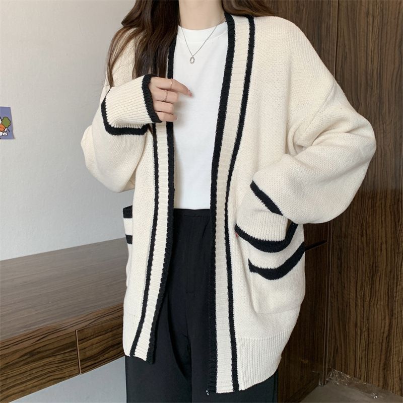 Cardigan lungo oversize con tasche - Cappotto aperto sul davanti in stile coreano per donna, maglia spessa casual con scollo a V_voghion.com