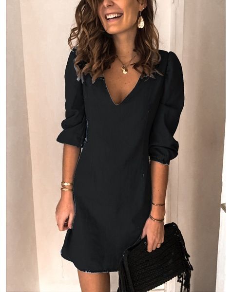 Women's Outnet Solid Color V-neck Short Sleeve Casual Loose Plus Size Plus Size Denim Dress_voghion.com
