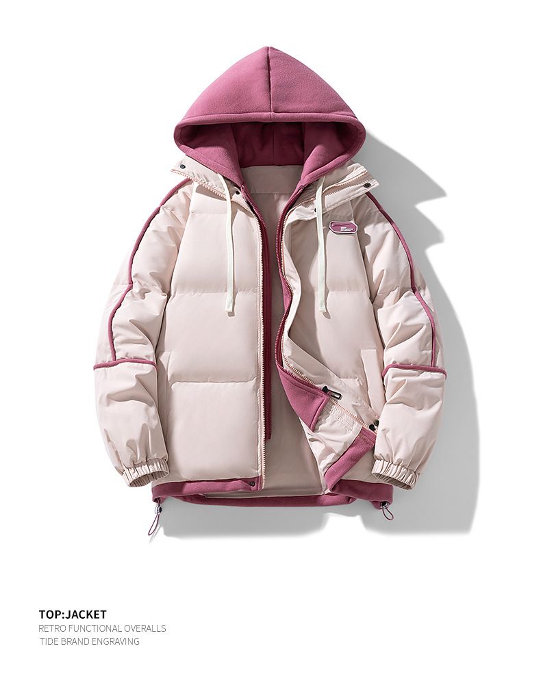 Unisex-Wintermantel mit anpassbarem Logo – Locker sitzende, gestreifte Paarjacke mit Kapuze und falschem zweiteiligem Design_voghion.com