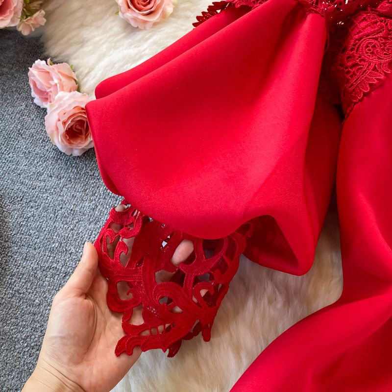 Îmbrăcăminte pentru femei Umăr retro lanternă rochie expusă rochie cu talie fustă înfășurată rochie cu o mânecă rochie rochie roșie antică cu guler cu fustă lungă_voghion.com