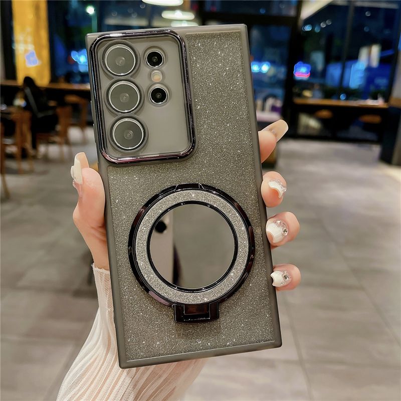 met spiegel magnetische telefoonstandaard voor Samsung S24 ultra transparante gliiter sticker case zachte cover S22 S23 Plus_voghion.com