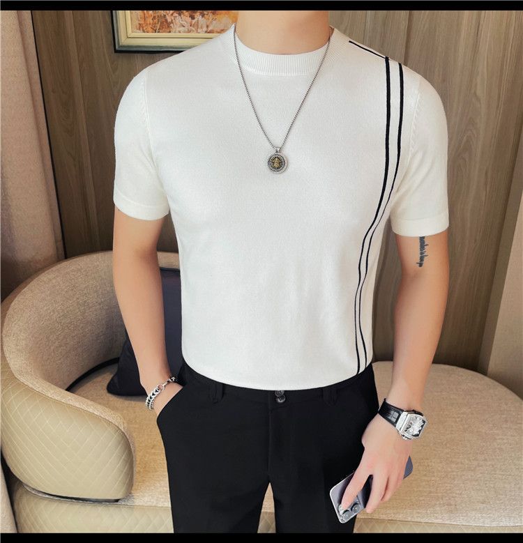 Summer New Products Men's Thick Short Sleeve T-Shirt Threaded Neckline Short Sleeve Knitted Sweater Slim Fit Elastic Bottom Sweater Undershirt_voghion.com